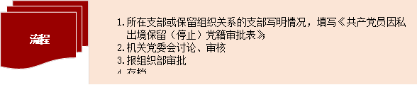 流程,1.所在支部或保留組織關系的支部寫明情況，填寫《共產黨員因私出境保留（停止）黨籍審批表》；2.機關意昂4會討論🕵🏼‍♂️、審核3.報組織部審批4.存檔